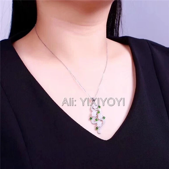

925 Silver White Green HeTian Jade Beads Inlay Hollow Flower Design Lucky Pendant + Chain Necklace Fine Jewelry Certificate
