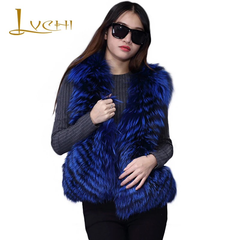 

LVCHI Fashion Genuine Fur Women's Real Fur Tank Coats Women Fur Leather Sleeveless Mink Coats Blue silver fox 2019 Mink Coat