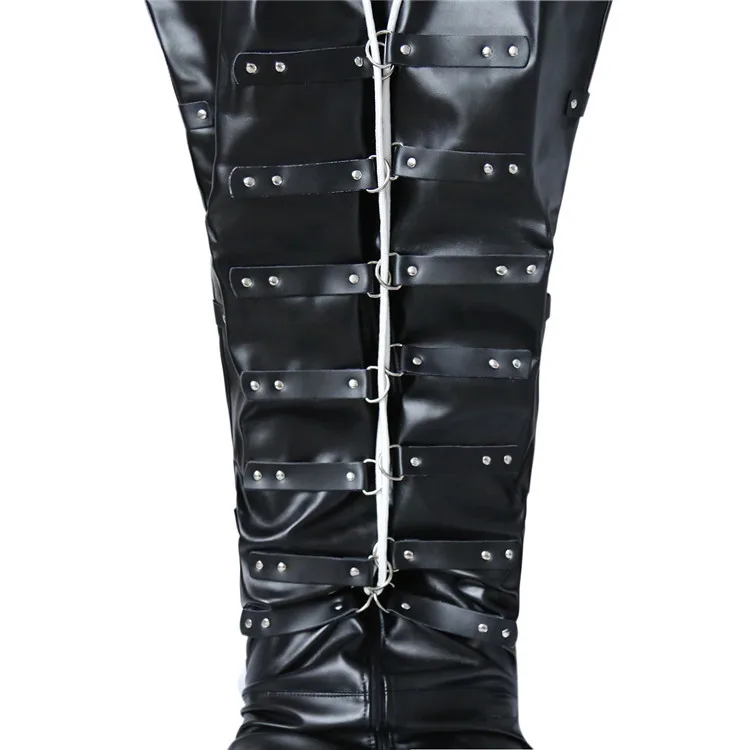 

Unisex Bondage Patent Leather Full Body Binder Sack Bag with Zip Open Full Face Hood Fetish Mummification Catsuit Costumes