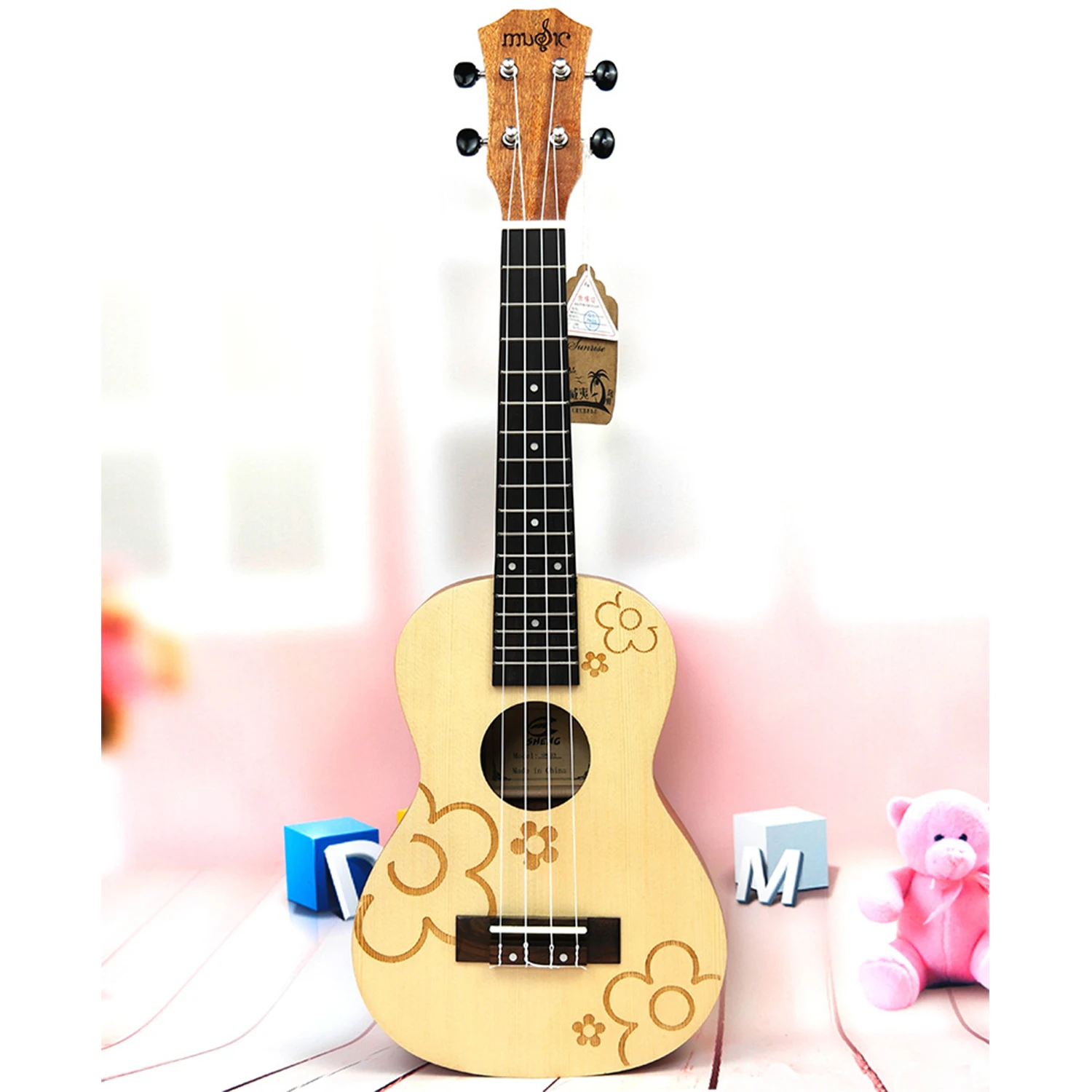 

23" Concert Spruce Small Flowers ukulele 4 Strings ukelele Hawaii mini small guita travel acoustic guitar Uke Concert