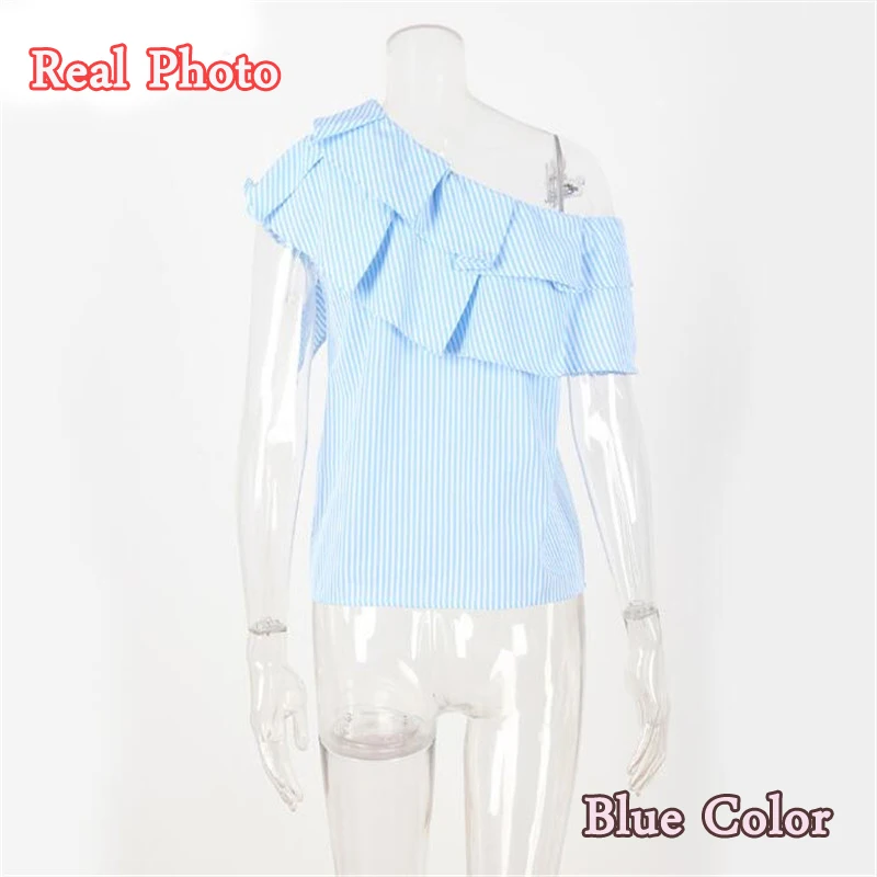 Футболка женская новый 2018 Лето рюшами Полосатый синий и розовый с плеча летняя