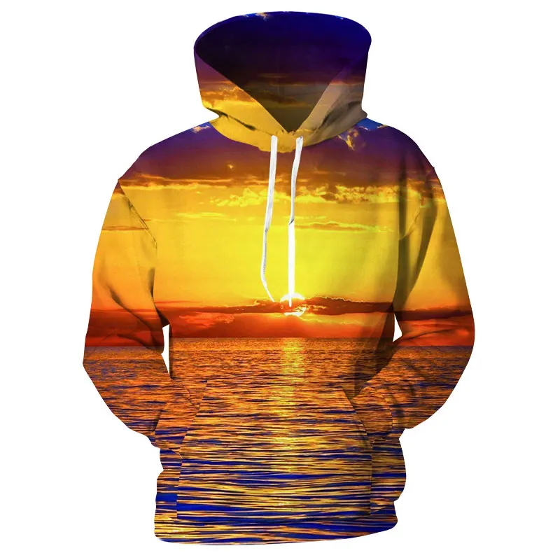 

YOUTHUP 2020 Plus Size Spring Hooded Hoodies Men/Women Long Sleeve Pullover Sweatshirts 3D Print Sea Sunset Casual Men Tops