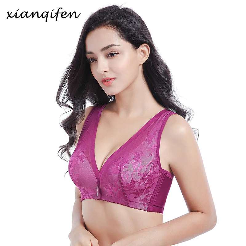 Xianqifen, бюстгальтер-минимайзер для женщин, сексуальное белье, DeepV Bralette, модное тонкое нижнее белье с цветочным рисунком, без косточек, нижнее белье размера плюс