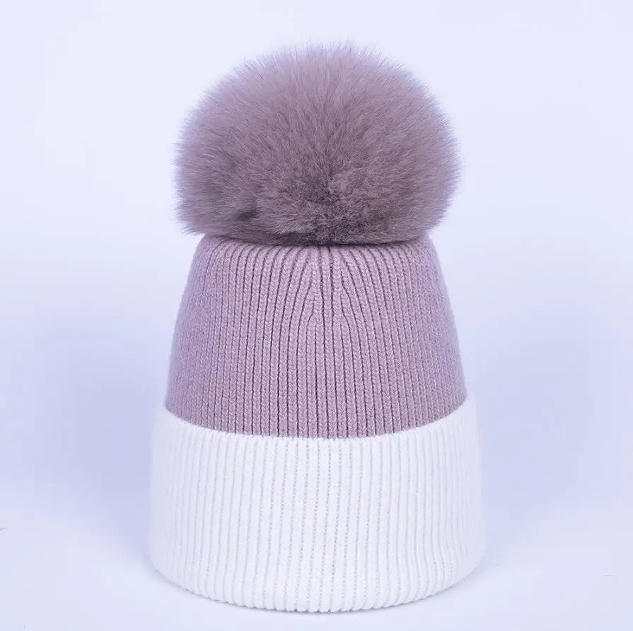 YC Fur, зимняя шапка, шапка для женщин, натуральный мех, помпон, шапки s, шапки бини, женские, двойные цвета, вязаные шапки из овечьей шерсти, шапки бини, Skullies, для девочек - Цвет: WHITE PINK FOX POM