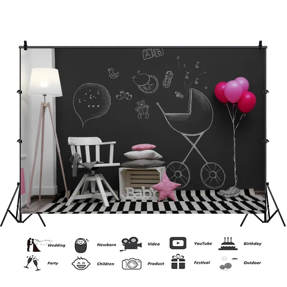 Laeacco Blackboard Balloons Baby Birthday Party Chair Light Portrait Photo Backdrops Photographic Background For Studio | Электроника
