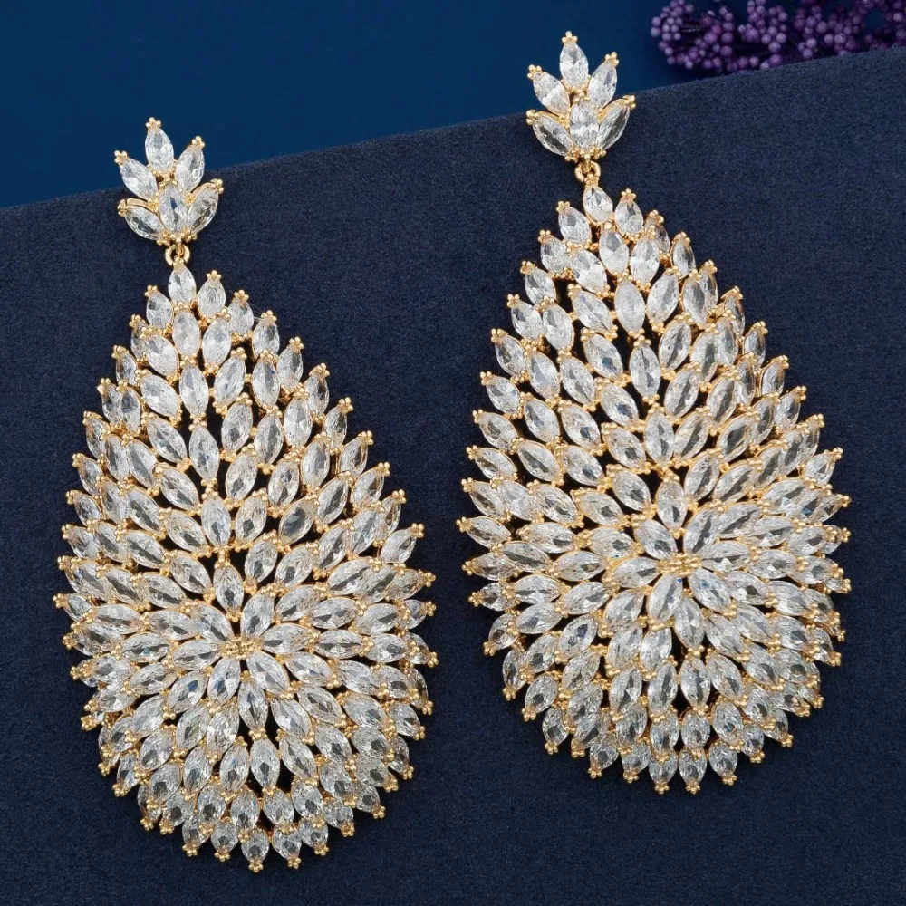 ModemAngel High Quality Cubic Zirconia Stones Jewelry Gold Color Big Blooming CZ Earrings for Women Fashion | Украшения и
