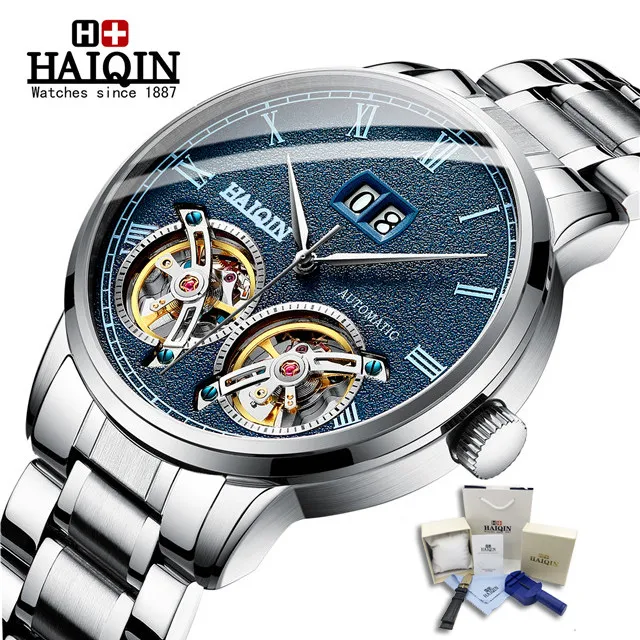 S-silver blue Бизнес Автоматическая техника двойной турбийон часы для мужчин HAIQIN мужские s часы лучший бренд класса люкс военные спортивные часы reloj hombre - Color: S-silver blue