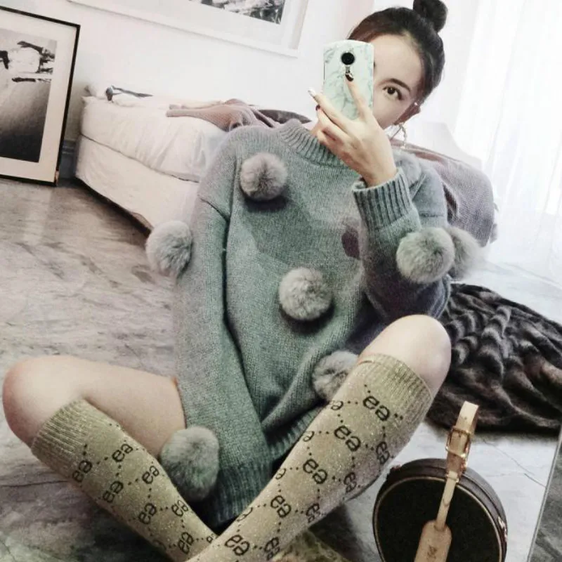 Women's 3D Faux Fox Fur Hair Balls Sweater Gray O-Neck Long Sleeved Pullovers Knitted Shirts Jumpers Short Crop Tops | Женская