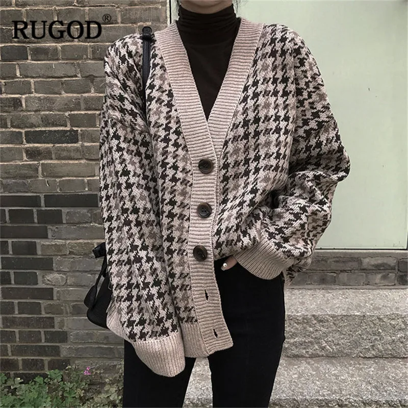 RUGOD винтажные Модные клетчатые женские кардиганы 2018 новые v-образный вырез