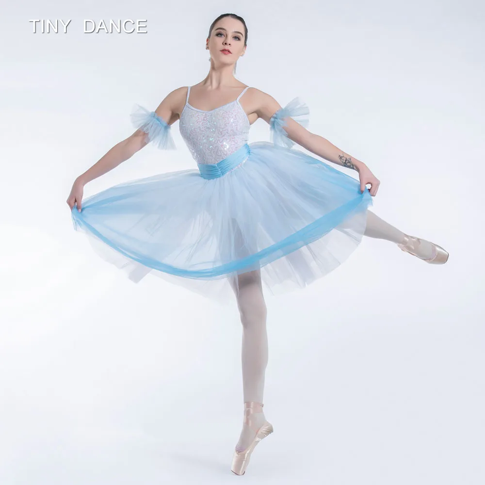 Ombre Blue Long Ballet Tutu Camisole White Sequin Lace Bodice with Romantic Length Dancing Dress for Girls and Women 19163 | Тематическая