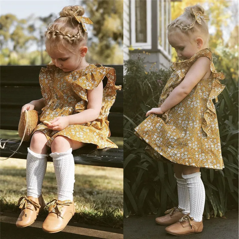 Vintage Girl Floral Ruffles Dress Toddlers Kids Princess Casual Party Tutu Ginger Yellow Summer Clothes New | Детская одежда и