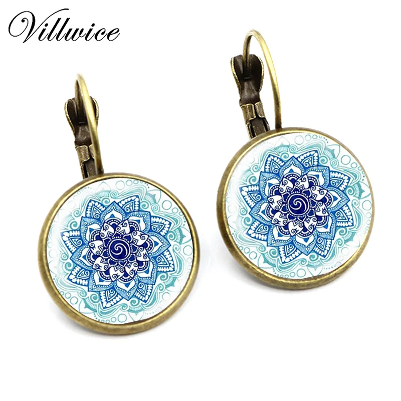 Голубой Мандала Лотос горячие серьги ювелирные изделия для женщин 16 мм Серьги