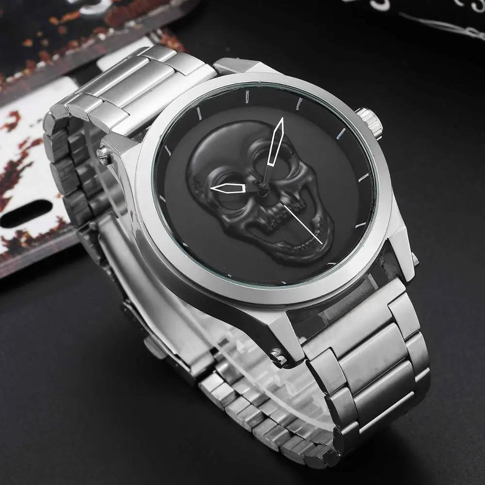 Роскошные мужские часы с черепом, стимпанк reloj hombre, гравировка, нержавеющая сталь, кварцевые мужские Креативные мужские наручные часы, Relogio Masculino - Цвет: sliver black skull