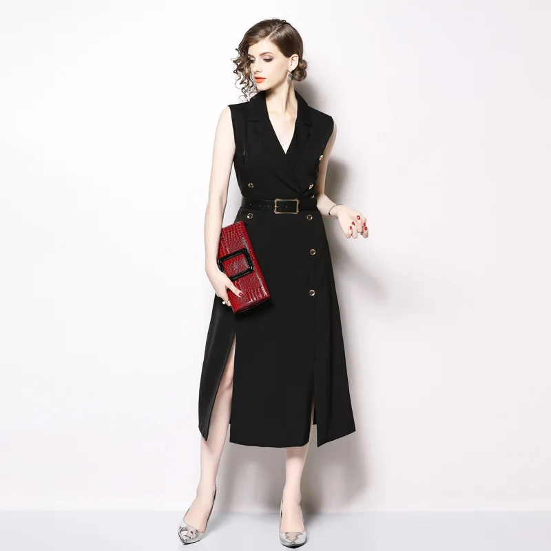 M-XXL spring autumn woman dress sleeveless notched collar calf length with belt buttons split bottom office black | Женская одежда