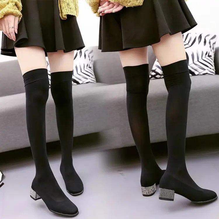 Сапоги-гольфы женские толстые высокие носки со стразами эластичные сапоги