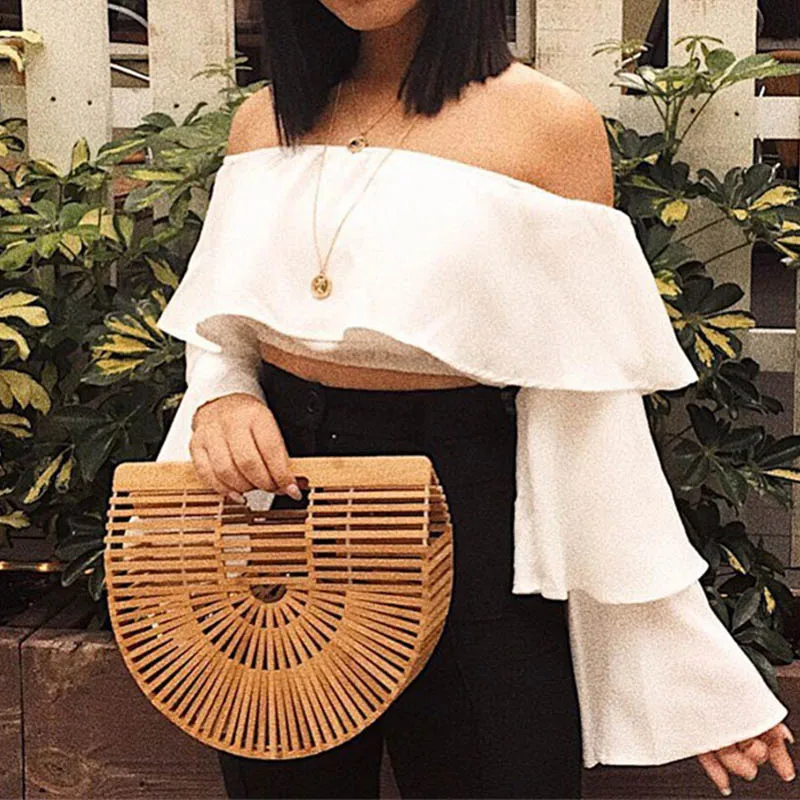 Женская Сексуальная Блузка с вырезом лодочкой Однотонная рубашка открытыми