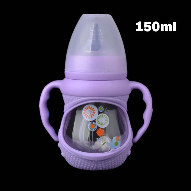 150ml Purple S Для малышей с широким отверстием Стекло бутылочка для кормления анти-метеоризм милая, картонная термостойкие Стекло Кормление бутылка с ручкой 150 мл/240 мл - Цвет: 150ml Purple S