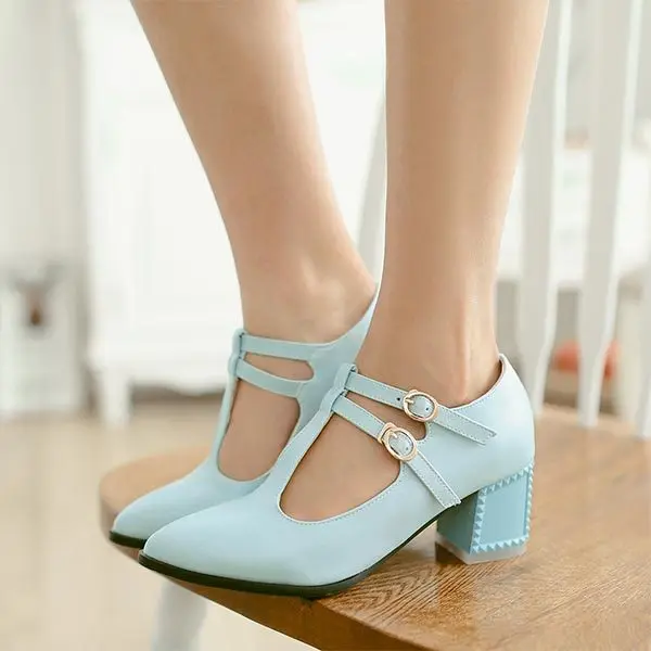 2014 Старинные Т Ремень Двойной Пряжки Острым Носом На Высоком Каблуке насосы