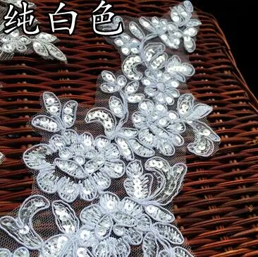 purewhite withsequin 6 шт./3 пары 27*11 см, блестящее вышитое свадебное платье с блестками, свадебное декоративное шитье, Кружевная аппликация, отделка, ремесло - Цвет: purewhite withsequin