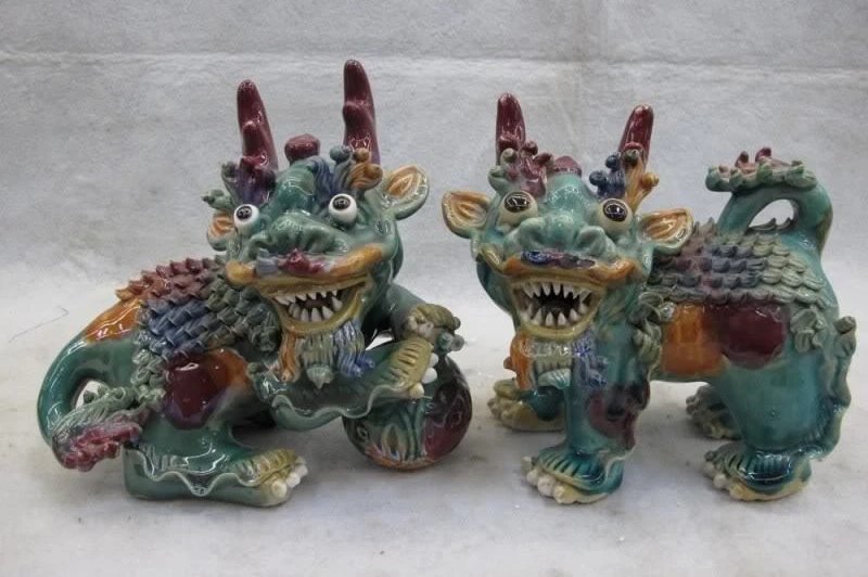 8 Китайская керамика фарфор WuCai фэн шуй злой Кирин кьлин Фо Собака Лев Пара | Дом и