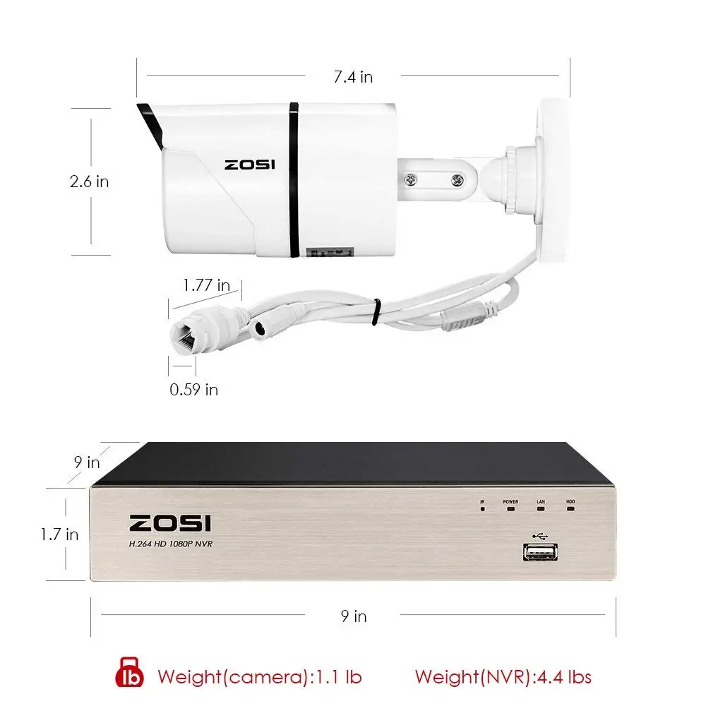 ZOSI CCTV 1080 P POE видеонаблюдения безопасности Системы комплект с 2-Megapixel Наружная цилиндрическая ip-камер с 100ft Ночное видение