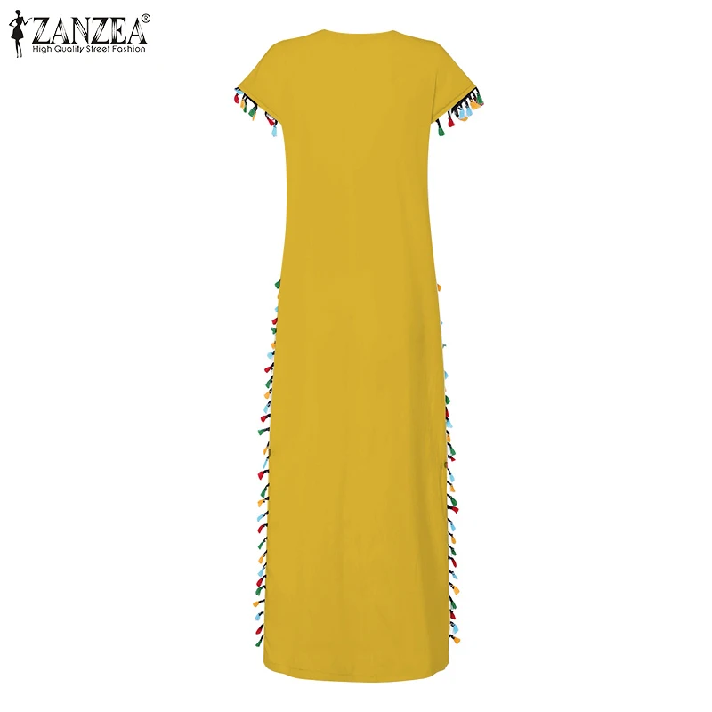 ZANZEA Plus Size Bohemian Floral Printed Sundress Women Summer Short Sleeve Split Hem Long Vestido Robe Casual Tassels Dress
