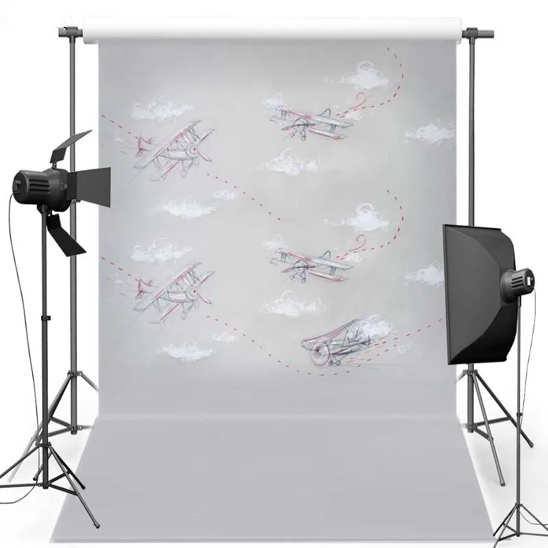 

Small Pilot Newborn Baby Photography Backdrops Silver Background with Plane White Cloud Photo Backdrops for Photo Studio Custom