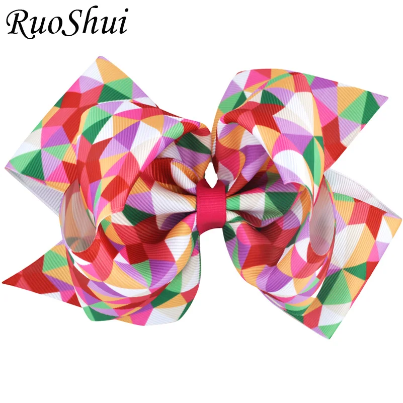 

6pcs Wholesale 5.5 Inch 2 Layer Bowknot Rainbow Grain Print Grosgrain Ribbon Bow Hair Clips Hairpins Girls Hair Accessories