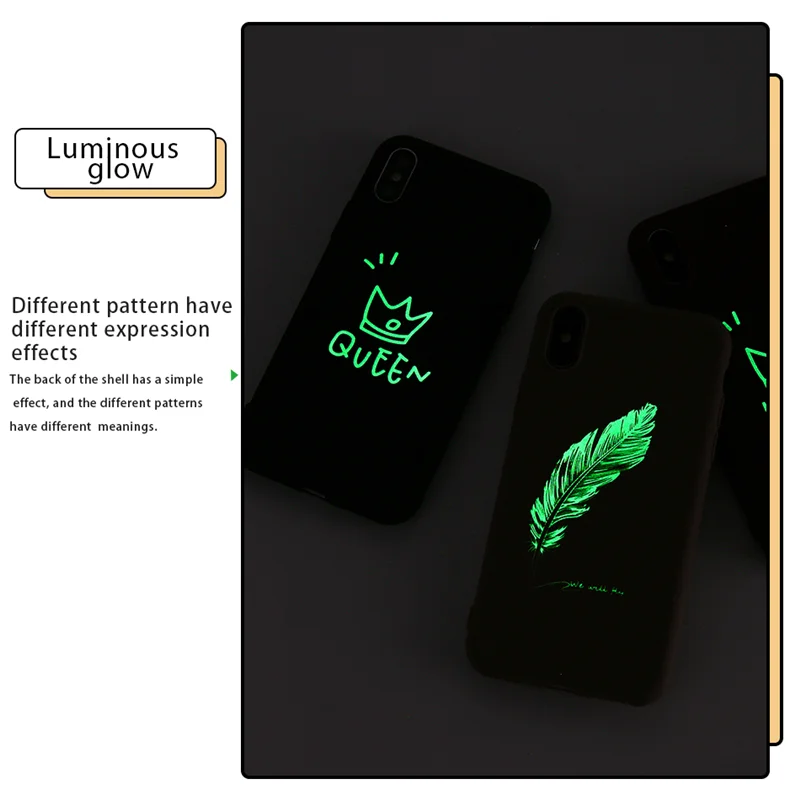 Moskado, мягкий светящийся чехол для телефона s, для iphone 6, 6 S, 7, 8 Plus, XS Max, XR, X, силиконовый чехол для задней панели KING QUEEN, Feather, Love Heart