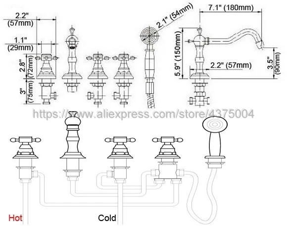 Античный латунный Смеситель для ванны 5 шт. кран раковины с ручной лейкой
