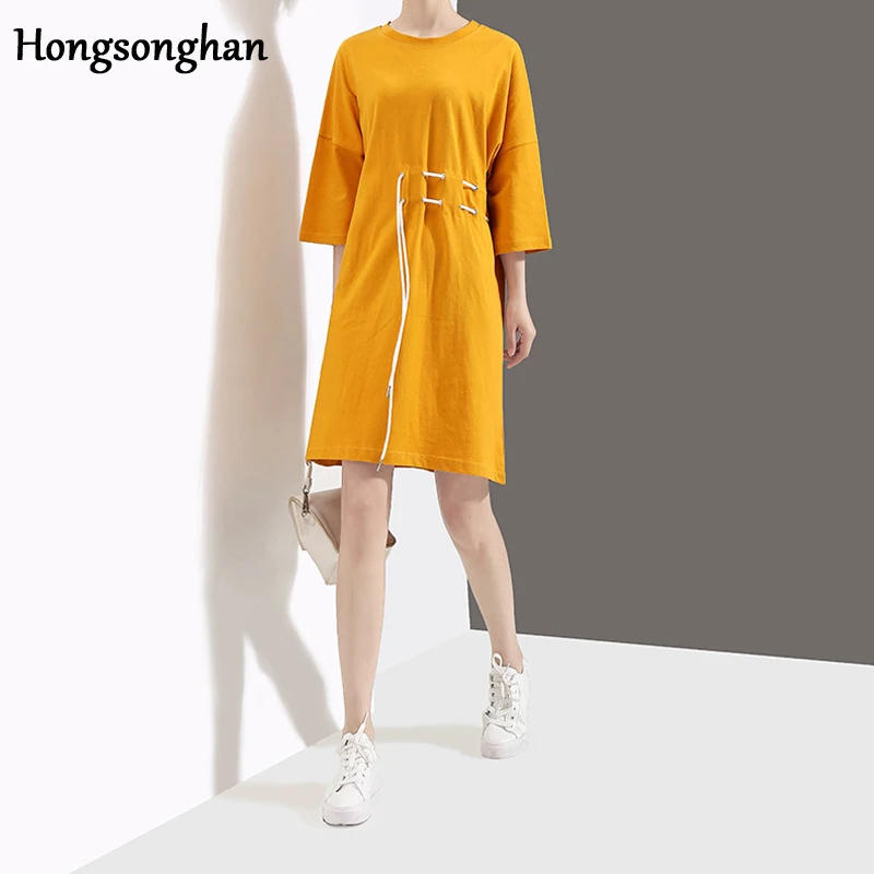Hongsonghan Korean version 2018 fashion women's summer large size loose T-shirt dresses drawstring round waist knee length dress | Женская