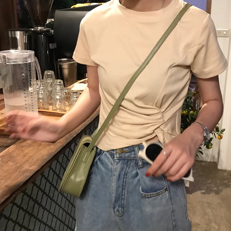 Летние укороченные топы 7 цветов 2019 однотонные футболки в Корейском стиле с