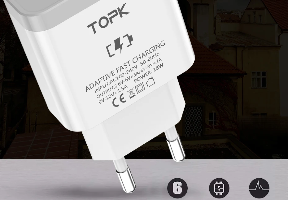 TOPK B154Q 18 Вт Быстрая зарядка 3,0 Быстрая зарядка для мобильных телефонов с европейской вилкой настенное USB зарядное устройство адаптер для iPhone samsung Xiaomi huawei