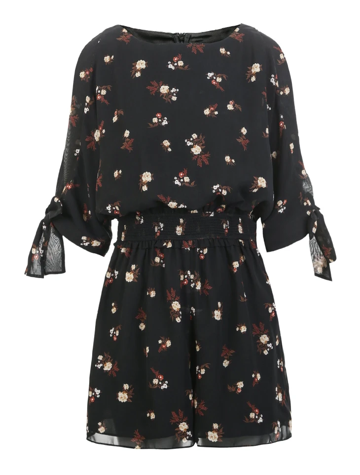 Vero Moda New Women's Round Neckline Off-the-shoulder Lace-up Cuffs Printed Jumpsuit | 318378506