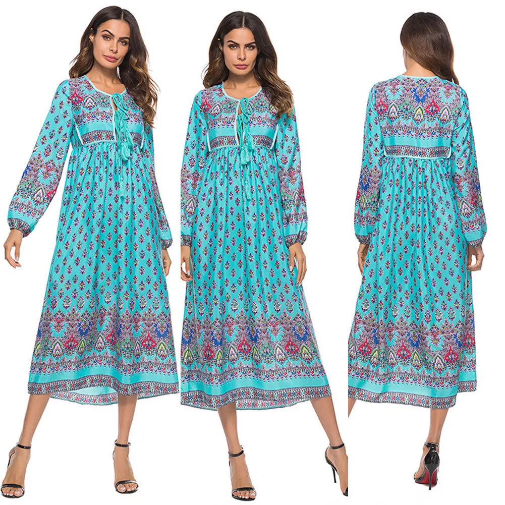 Женское длинное платье с цветочным принтом Boho Свободное длинными рукавами