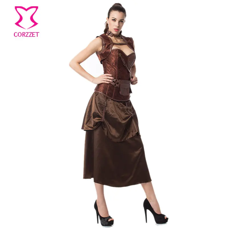 Коричневый цветочный Комплект из парчи и стальных косточек бюстье топ юбка