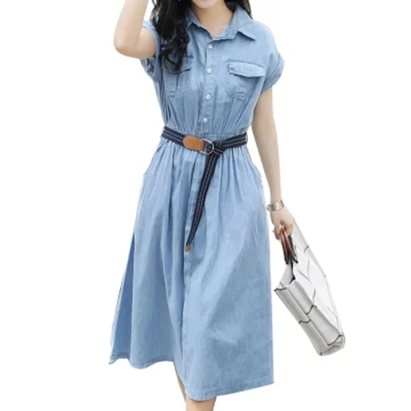 Новое поступление длинное тонкое джинсовое платье с коротким рукавом и отложным