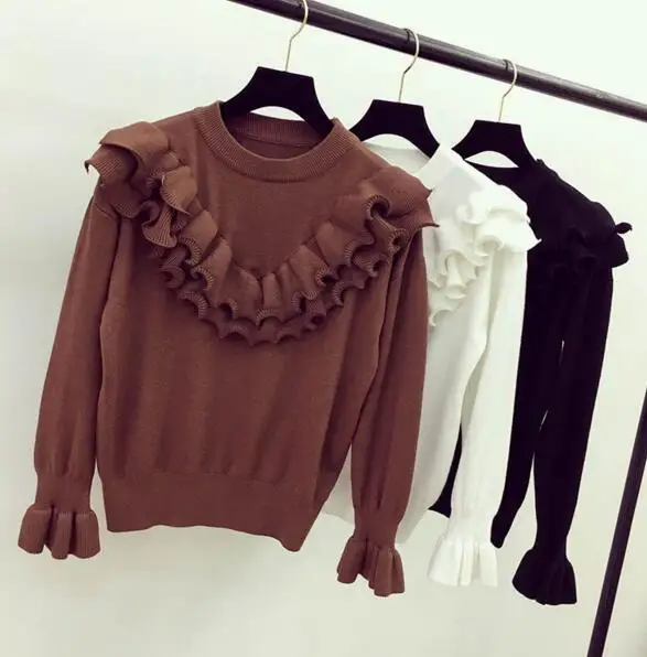 2017 Early Autumn New Women Sweet Pullovers O-neck Butterfly Sleeve Ruffles All-match Knit Sweaters | Женская одежда