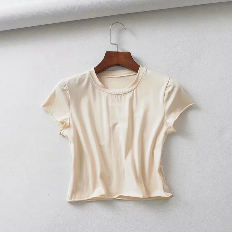 Light yellow Летние топы женские облегающие черные хлопковые футболки с короткими рукавами бюстье базовый с круглым вырезом футболки повседневные розовые уличные укороченный топ блуза - Цвет: Light yellow