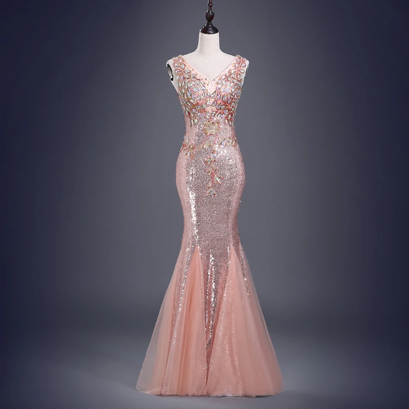 incarnadine pink Robe de soiree, кружевное длинное светоотражающее платье с v-образным вырезом, расшитое бисером и блестками, вечерние платья в стиле русалки, праздничное платье для выпускного вечера - Цвет: incarnadine pink