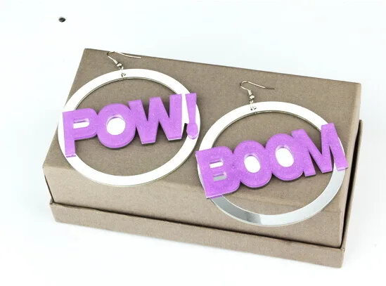 Exaggerated Cool Pow Boom Letter Acrylic Drop Earrings Night Club Party Dangle for Women Big Circle Hollow Out | Украшения и