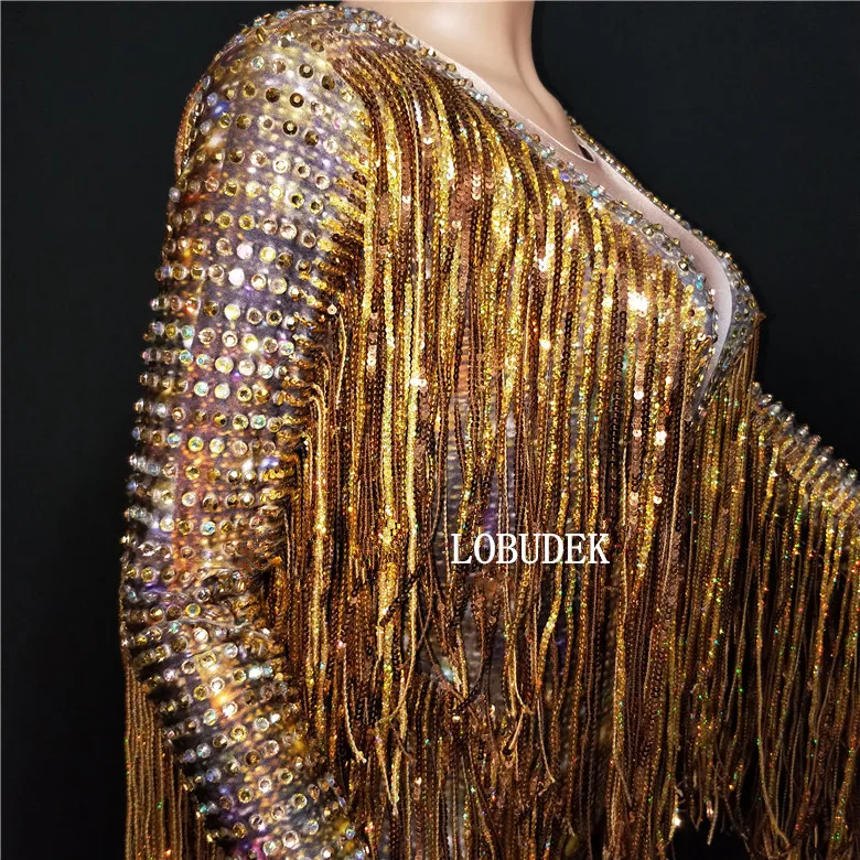 Женский Облегающий комбинезон для ночного клуба с золотыми кристаллами и