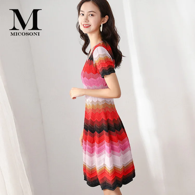 Micosoni Italian Style Summer New Gorgeous Color Stripes Golden Thread Insert Knit Short Sleeve Red Pink Sweater Dresses