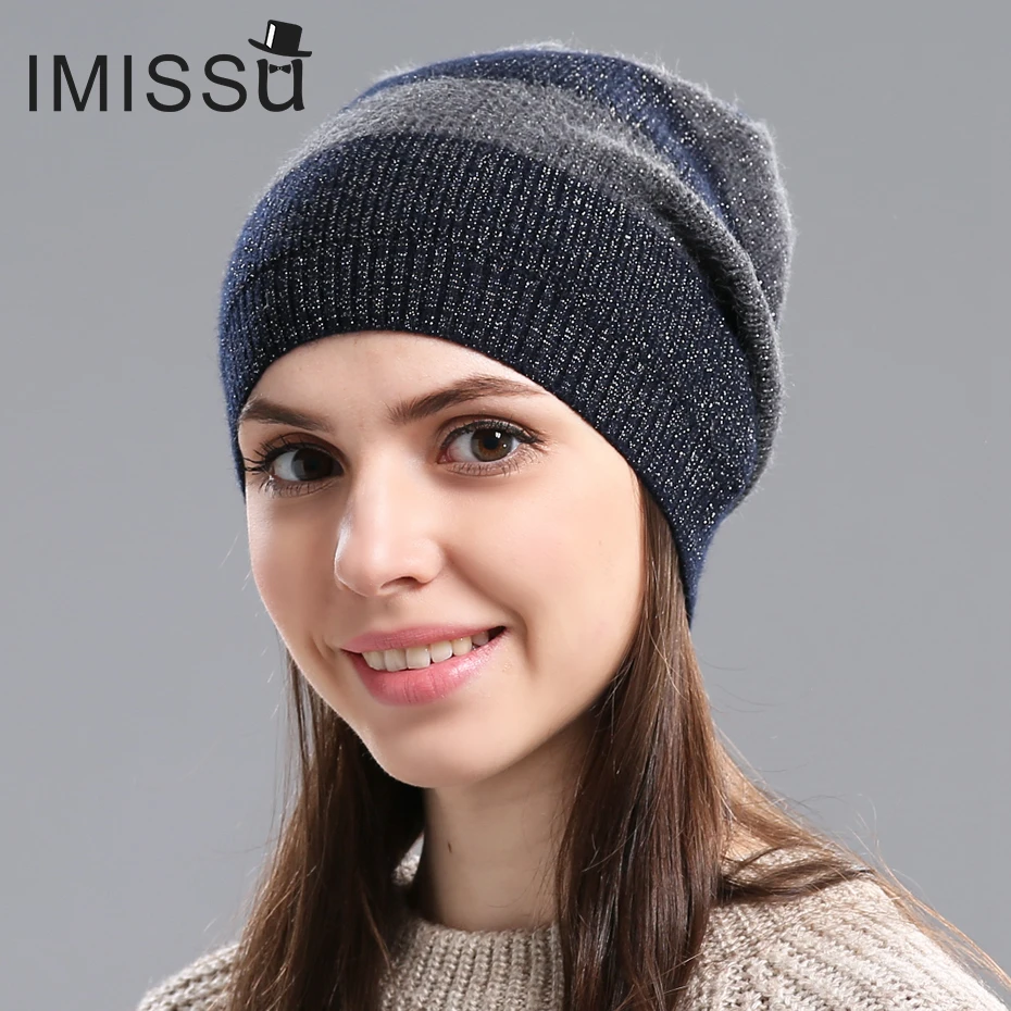 

IMISSU Autumn&Winter Women's Hats Knitted Real Wool Skullies Design Fashionable Casual Cap Gorros Casquette Hat for Girls