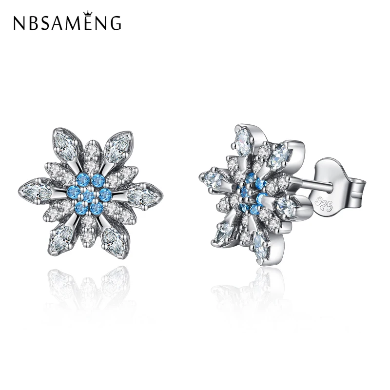 Аутентичные стерлингового серебра 925 Серьги гвоздики кристаллизуют Снежинка