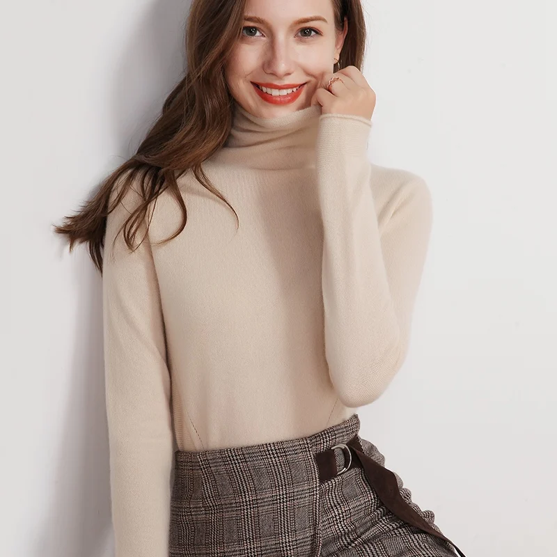 Autumn and winter high collar pure cashmere sweater solid color pullover fashion soft women's long-sleeved slim knitted | Женская