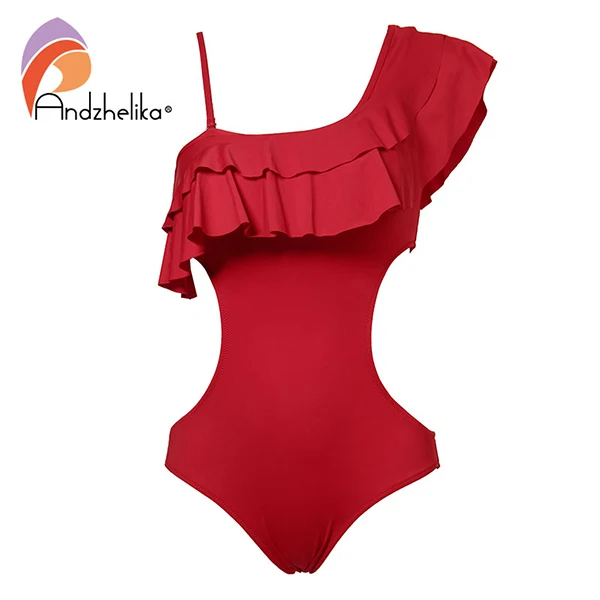 Red Andzelika bikini Сексуальная Купальник боди женский купальник монокини на одно плече с рюшами - Цвет: Red