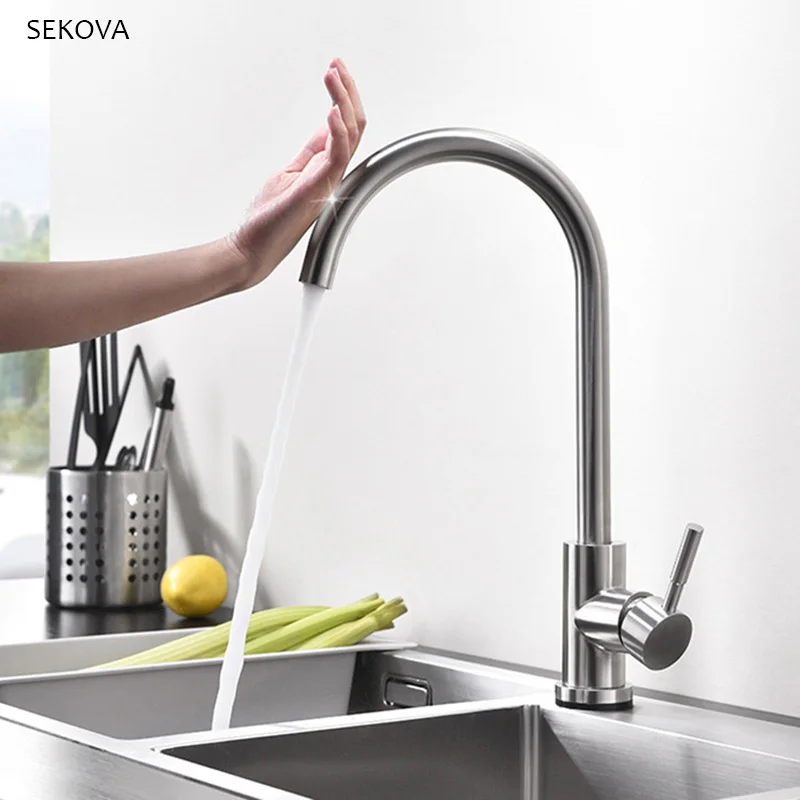 Touch Sense Control Kitchen Faucet Sink Water Mixer Tap Stainless Steel Brushed Single Handle Deck Mounted Kitchen Mixer brushed stainless steel pot filler faucet lead free with dual joint swing arm and aerator surface deck mount kitchen mixer tap
