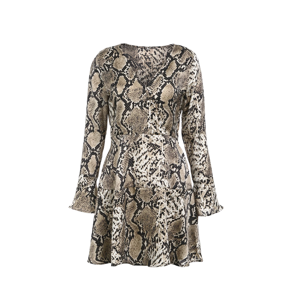 

Women Leopard Snakeskin Long Sleeve Dress Ladies Casual V Neck Party Cocktail Mini Dresses Empire Loose Dress 2019