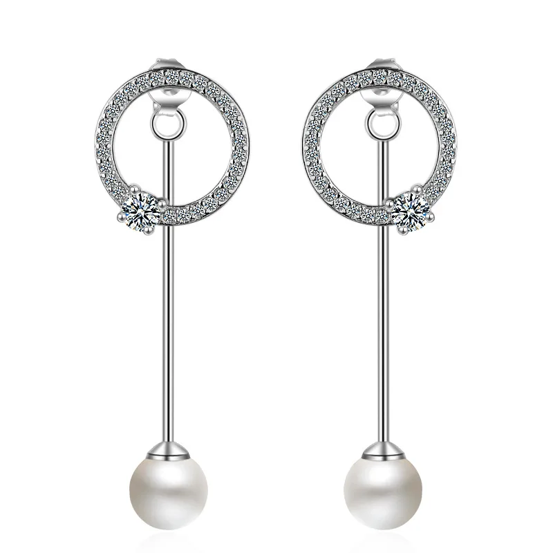 

100% 925 sterling silver fashion pearl shiny round crystal ladies long stud earrings women female wedding gift cheap